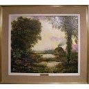 Paysage: Chaumi&egrave;re, arbres, bras d'eau