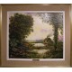 Paysage: Chaumi&egrave;re, arbres, bras d'eau