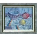 Composition: bol, pomme, citron sur torchon